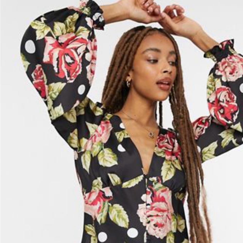 Button through blouse rose print